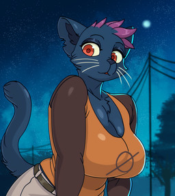 anthro big_breasts biped black_body black_fur bottomwear breast_focus breast_squish breasts cleavage clothed clothed_anthro clothed_female clothing female fur hair highlights_(coloring) huge_breasts leaning leaning_forward looking_at_viewer looking_down night outside pants plant power_lines purple_hair red_eyes shirt short_hair sky solo squish star starry_sky tail topwear tree whiskers spoldier night_in_the_woods mae_borowski domestic_cat felid feline felis mammal 2025 absurd_res colored half-length_portrait hi_res portrait shaded
