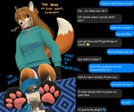 3d_(artwork) 4_toes 5_fingers absurd_res anthro black_clothing black_shirt black_tank_top black_topwear blue_eyes blue_hair blush bottomwear breasts brown_eyes brown_hair canid canine chat chat_box cleavage clothed clothing collar color_coded color_coded_text color_coded_text_box dialogue digital_media_(artwork) duo electronics emoji emoticon english_text feet female female/female fingers fish flirting foot_fetish foot_on_face fox fur grey_body gynomorph_(lore) hair heart_symbol hi_res hindpaw hoodie humanoid inner_ear_fluff lewdshark long_hair looking_down male mammal marine message message_box multicolored_body multicolored_fur omg open_clothing open_hoodie open_topwear orange_body orange_fur pattern_background pawpads paws phone profanity red_hair shark shirt shorts shy simple_background sitting snout suggestive sweater talking_to_another talking_to_partner tank_top text text_box text_message texting thinking timid toes topwear tuft two_tone_body two_tone_fur white_body white_fur