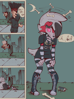 alternative_fashion anthro armwear beverage_can breasts clothing collar dialogue emo evolution_(transformation) female feral legwear male spiked_collar spikes spiral spiral_eyes torn_clothing transformation p_trolio monster_energy nintendo pokemon generation_7_pokemon human lycanroc mammal midnight_lycanroc pokemon_(species) rockruff 3:4 comic hi_res