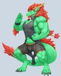 abs anthro arm_tuft barbel_(anatomy) beard bulge claws clothed clothing digitigrade ear_piercing ear_ring eyebrows facial_hair fist fur green_body green_skin grey_background grey_claws hair horn long_hair male midriff muscular muscular_anthro muscular_male pecs piercing pose red_beard red_body red_eyebrows red_facial_hair red_fur red_hair ring_piercing simple_background smile solo standing tail tuft whiskers yellow_eyes captainjohkid asian_mythology east_asian_mythology mythology ninggeez dragon eastern_dragon mythological_creature mythological_scalie scalie absurd_res hi_res