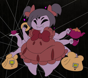 5_eyes 6_arms :> accessory belly beverage big_bow black_background black_hair bow_ribbon bow_tie clothed clothing container cup dessert doughnut dress fangs featureless_feet feet female food hair hair_accessory hair_bow hair_ribbon happy heart_symbol holding_bag holding_container holding_cup holding_doughnut holding_object holding_tea_cup holding_teapot huge_hips juliet_sleeves multi_arm multi_eye multi_limb overweight overweight_female overweight_humanoid paper_bag pastry pigtails purple_body ribbons simple_background simple_eyes smile solo spider_web standing tea_cup teapot teeth thick_thighs toony wide_hips alt_for_fat_art undertale undertale_(series) muffet animal_humanoid arachnid arachnid_humanoid arthropod arthropod_humanoid humanoid spider_humanoid 2021 digital_drawing_(artwork) digital_media_(artwork) flat_colors full-length_portrait hi_res portrait