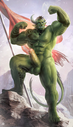 5_toes abs balls barazoku beard biceps big_muscles blue_eyes claws erection facial_hair facial_piercing fangs feet flag flexing front_view genitals glans green_balls green_penis grin hair horn huge_muscles humanoid_genitalia humanoid_penis male mountain muscular muscular_humanoid muscular_male navel nipples nose_piercing nose_ring not_furry nude outside pecs penis piercing pink_glans pose quads ring_piercing serratus short_hair smile solo tattoo teeth thick_thighs toe_claws toes tusks vein veiny_penis takahirosi european_mythology greek_mythology mythology thorog_brokenhorn bovid bovine humanoid hybrid mammal minotaur orc full-length_portrait hi_res portrait