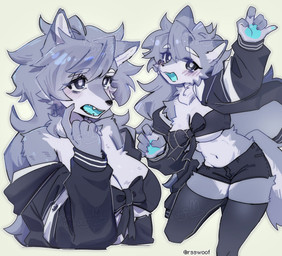 anthro big_breasts breasts clothing fangs female fluffy fur grey_body grey_eyes grey_fur hair multicolored_body multicolored_fur pose simple_background smile smiling_at_viewer solo teeth two_tone_body two_tone_fur under_boob white_background ressue canid canine canis mammal wolf hi_res
