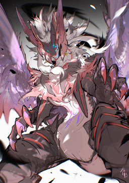 2_horns ambiguous_gender anthro back_wings belly belly_markings black_body blue_eyes blue_mouth blue_scar claws feathered_wings feathers front_view fur furgonomic_piercing furgonomics gradient_background grey_background grey_hair hair head_horn head_scar horn horn_piercing horn_ring_(piercing) looking_at_viewer low-angle_view markings open_mouth piercing pink_body pink_feathers pink_fur pink_markings pink_wings pupils purple_body purple_feathers purple_markings purple_wings red_body red_claws ring_piercing scar semi-anthro simple_background slit_pupils solo spread_wings tail tied_hair white_background white_body white_hair white_sclera wings chiayeeee mythology dragon feathered_dragon feathered_scalie furred_dragon furred_scalie mythological_creature mythological_scalie scalie winged_dragon 2025 digital_drawing_(artwork) digital_media_(artwork) hi_res portrait signature three-quarter_portrait