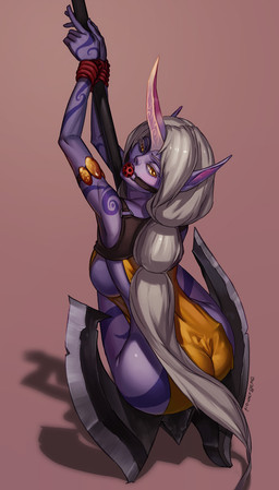 axe ball_gag battle_axe bdsm big_butt bondage bound breasts butt clothed clothing double_bitted_axe fantasy_axe fantasy_weapon female gag gagged greataxe hair horn large_weapon long_hair looking_back melee_weapon not_furry purple_body purple_skin rope simple_background solo submissive submissive_female weapon white_hair yellow_eyes powergene league_of_legends riot_games tencent darius_(lol) soraka horned_humanoid humanoid 2015 hi_res