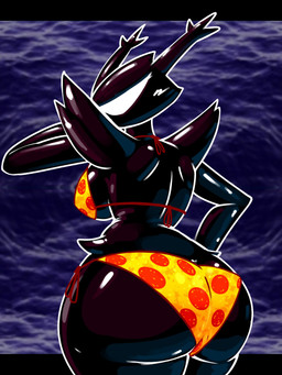anthro armor big_breasts big_butt bikini bikini_bottom bikini_top black_body breasts bubble_butt butt clothing female food_print horn looking_at_viewer pizza_bikini pizza_pattern rear_view simple_background solo swimwear thick_thighs two-piece_swimsuit 87_god deltarune undertale_(series) roaring_knight deer mammal shadow_creature 2025 3:4 hi_res
