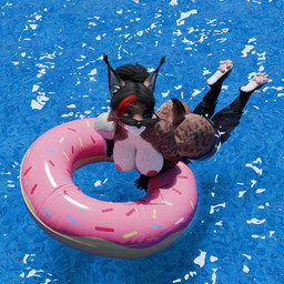 anthro black_hair breasts brown_body brown_fur butt eyewear female fur glasses hair heterochromia highlights_(coloring) looking_at_viewer nipples nude partially_submerged pawpads paws pool_toy prosthetic prosthetic_arm prosthetic_limb solo sunglasses swimming_pool water wearing_glasses quelrize kiara_the_lynx felid feline lynx mammal 1:1 3d_(artwork) digital_media_(artwork) hi_res
