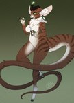 anthro big_ears black_sclera breasts claws ear_piercing ear_tag featureless_breasts female floating_eye fluffy fluffy_tail fur green_eyes horn long_tail nude null piercing pupils slit_pupils solo striped_body striped_fur stripes tail thick_tail tinycactus erda_(habilonion) mammal