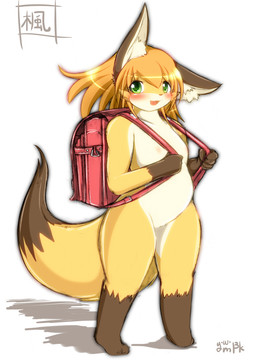 anthro backpack female kemono nude simple_background slightly_chubby solo standing tail white_background young young_anthro ymbk kaede_(ymbk) canid canine fox mammal 2013 japanese_description