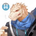 anthro clothing male red_eyes scales scarf simple_background solo spikes topwear white_background white_body white_scales mowang_yu arknights hypergryph studio_montagne rangers_(arknights) lizard reptile scalie 1:1 absurd_res hi_res