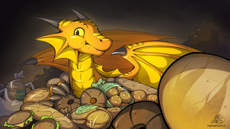 ambiguous_gender bread feral food hoard membrane_(anatomy) membranous_wings smile solo spines wings yellow_eyes neotheta mythology dragon mythological_creature mythological_scalie scalie hi_res