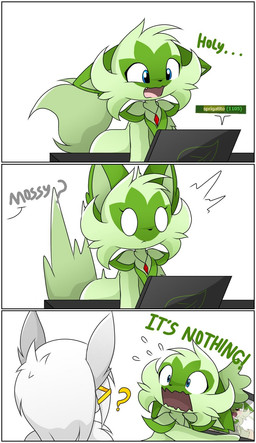 dialogue duo electronics eyelashes female open_mouth screaming simple_background tablet tablet_computer text white_background nakachidragon nintendo pokemon fan_character mossy_(naka) felid feline generation_9_pokemon mammal pokemon_(species) sprigatito comic e621_post_recursion english_text hi_res