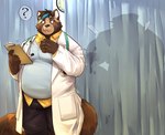 anthro bodily_fluids bottomwear brown_body clothing cum detailed_background doctor duo genital_fluids humanoid_hands inside kemono male overweight overweight_male pants patient question_mark shirt solo_focus topwear uken_l canid canine mammal raccoon_dog tanuki 2021 absurd_res hi_res