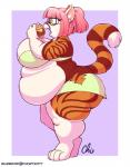 anthro back_rolls belly belly_overhang belly_rolls big_belly bottomwear breasts burger clothing eating eating_food eyewear fat_rolls female food glasses ill_fitting_clothing love_handles markings obese obese_anthro obese_female overweight overweight_anthro overweight_female side_view solo standing striped_body striped_markings striped_tail stripes tail tail_markings thick_calves torn_bottomwear torn_clothing weight_gain nekocrispy domestic_cat felid feline felis mammal