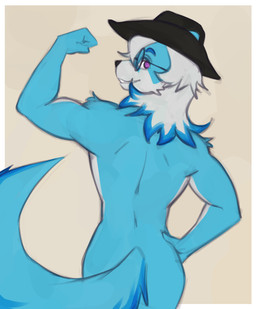 anthro clothing cowboy_hat flexing hat headgear headwear male muscular nude rear_view shirtless solo marsminer canid canine canis mammal wolf back blue