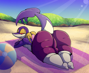 anthro backsack ball balls balls_outline beach beach_ball beach_towel big_butt biped bulge butt clothed clothing crossed_arms detailed_background detailed_bulge fangs forked_tongue genital_outline genitals huge_butt inflatable looking_at_viewer looking_back looking_back_at_viewer male multicolored_body outside perineum_outline purple_body raised_tail rear_view red_sclera solo swimming_trunks swimwear tail tan_body teeth thick_thighs tongue tongue_out topless topless_anthro topless_male towel two_tone_body white_eyes iguanasarecool nintendo pokemon fan_character grape_soda_(nya4) generation_5_pokemon pokemon_(species) snivy 2025 hi_res