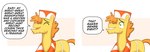 clothed clothed_feral clothing dialogue eyebrows feral hair hat headgear headwear male open_mouth orange_hair orange_tail speech_bubble tail teeth text yellow_body ton618 friendship_is_magic hasbro my_little_pony mr._cake_(mlp) earth_pony equid equine horse mammal pony absurd_res english_text hi_res