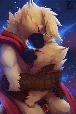 anthro avian_arms beak black_beak blush brown_body claws cosmic_background duo eyes_closed facial_markings feathers fingers gloves_(marking) head_markings hug jewelry male markings mouth_closed neck_tuft necklace red_scarf scarf scuted_arms scuted_hands scutes side_view space space_background star tuft yellow_body yellow_feathers young kuttoyaki avian bird digital_media_(artwork) hi_res