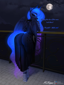 anthro big_butt blue_body blue_eyes blue_hair blue_tail butt clothing cloud crown cutie_mark dialogue dress ethereal_hair ethereal_tail eyebrows eyelashes feathered_wings feathers female footwear full_moon hair headgear horn moon night railing shoes solo tail text tiara translucent translucent_clothing translucent_dress wings clearvision friendship_is_magic hasbro my_little_pony mythology princess_luna_(mlp) equid equine mammal mythological_creature mythological_equine winged_unicorn 3:4 absurd_res english_text hi_res