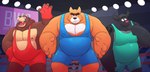 anthro black_body black_fur black_nose brown_body brown_fur detailed_background eyes_closed fighting_ring fur group humanoid_hands inside male nipples orange_body orange_fur overweight overweight_male wrestling_singlet leothelionel the_human_heart_(game) cade_maplebottom rorik_dahl tyler_laurent bear bovid bovine canid canine canis cattle domestic_dog mammal 2021 hi_res