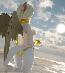 anthro bikini breasts clothing dreadlocks ear_piercing exposure_variation feathered_wings feathers female hair outside partially_submerged piercing rear_view solo sun swimwear text two-piece_swimsuit white_hair wings ashnar mythology opal_(ashnar) felid mammal mythological_creature mythological_sphinx 2017 3d_(artwork) absurd_res digital_media_(artwork) english_text hi_res light_theme