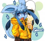 anthro blue_body blue_eyes blue_fur blue_hair clothed clothing fingerless_gloves fully_clothed fur gloves hair handwear holding_object hoodie jacket long_ears looking_aside looking_at_viewer male open_mouth pokemorph short_hair simple_background snowboard solo tail text topwear white_background toraneko38 nintendo pokemon eeveelution generation_4_pokemon glaceon pokemon_(species) species_name