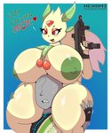 areola big_breasts big_butt boob_hat border breasts butt carrying_another clothing dialogue duo faceless_character faceless_male female fingerless_gloves gloves gradient_background green_areola green_nipples gun handwear heart_after_text huge_breasts huge_butt hyper hyper_breasts hyper_butt male male/female nipples ranged_weapon simple_background text thick_thighs weapon white_border hexami palworld pocketpair human lifmunk mammal pal_(species) english_text hi_res