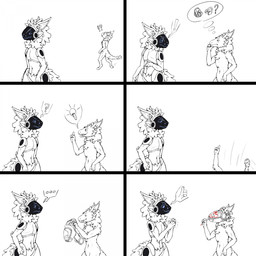 ambiguous_gender applause duo earmuffs featureless_crotch gas_mask humor machine mask navel neck_tuft nude pencil_(object) simple_background standing thought_bubble tuft walking white_background tiny_dragon protogen unknown_species 1:1 2025 black_and_white comic hi_res monochrome pictographics spot_color