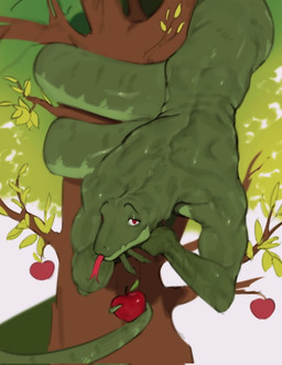 anthro apode apple back_muscles biceps eyebrows food forked_tongue fruit green_body green_scales leaf legless male muscular muscular_anthro muscular_male plant red_eyes religion scales serpentine solo tail tongue tongue_out tree kogito bible serpent_(book_of_genesis) draconcopode naga reptile scalie snake 2023 digital_media_(artwork) hi_res