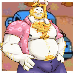 5_fingers anthro arm_hair belly belly_hair body_hair bottomwear bulge chest_hair clothed clothing ears_down eyes_closed fingers floral_print hairy hands_on_hips happy_trail male mature_male musclegut muscular muscular_arms nipples open_clothing open_shirt open_topwear pants pecs pivoted_ears pubes screencap screencap_background shirt smile solo topwear fennfye undertale_(series) asgore_dreemurr bovid caprine goat mammal hi_res