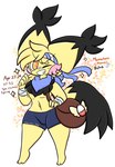 4_fingers anthro bag_accessory bandage bandaged_arm blinking bottomwear clothing fingers kerchief male navel orange_eyes scarf shorts shoulder_bag solo tail text yellow_body lewdchuu_(artist) nintendo pokemon momotaro_(lewdchuu) spiky-eared_pichu generation_2_pokemon pichu pokemon_(species) english_text hi_res