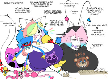 5_fingers annoyed anthro backseating backwards_baseball_cap backwards_hat baseball_cap bell bell_collar big_breasts black_baseball_cap black_clothing black_shirt black_t-shirt black_topwear blue_hair breasts cleavage clothed clothed_anthro clothed_female clothing collar computer_keyboard computer_mouse directional_arrow duo emanata excited exclamation_point eye_through_hair eyebrow_through_hair eyebrows eyelashes female fingers fur furgonomic_baseball_cap furgonomic_hat furgonomic_headwear furgonomics gaming grabpack green_eyes hair hair_over_eye hat headgear headwear holding_object holding_plushie huge_breasts inner_ear_fluff long_ears long_tail multicolored_hair narrowed_eyes number open_mouth open_smile pink_eyes pink_hair playing_video_game plushie purple_clothing purple_topwear question_mark rainbow_hair real shirt simple_background smile smiley_face t-shirt tail text text_on_t-shirt topwear translucent translucent_hair tuft two_tone_hair white_background white_body white_fur theycallhimcake five_nights_at_freddy's mob_entertainment poppy_playtime scottgames smiling_critters catnap_(poppy_playtime) finley_(theycallhimcake) freddy_(fnaf) huggy_wuggy kissy_missy mommy_long_legs pb_(theycallhimcake) arachnid arthropod domestic_cat felid feline felis humanoid lagomorph leporid living_toy mallkin mammal rabbit spider wuggy_(poppy_playtime) 2025 digital_drawing_(artwork) digital_media_(artwork) english_description english_text busty_boy_(lore) male_(lore)