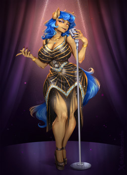 anthro blue_hair blue_tail bracelet clothing electronics female footwear hair high_heels jewelry microphone necklace shoes solo tail ashimaroo friendship_is_magic hasbro my_little_pony sapphire_shores_(mlp) earth_pony equid equine horse mammal pony absurd_res hi_res