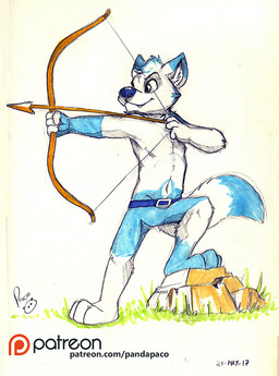 anthro blue_body blue_fur blue_hair blue_nose blue_tail bow_(weapon) dipstick_tail fangs front_view fur glistening glistening_eyes gloves_(marking) grass green_eyes hair holding_bow_(weapon) holding_object holding_ranged_weapon holding_weapon leg_markings male male_anthro markings mouth_closed multicolored_hair plant ranged_weapon rock short_hair simple_background socks_(marking) solo standing tail tail_markings teeth two_tone_hair weapon white_body white_fur white_hair white_tail pandapaco canid canine mammal 2017