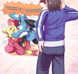 ambiguous_gender angry blue_body clothed clothing simple_background narwhal69 nintendo pokemon calem_(pokemon) canid canine generation_4_pokemon generation_5_pokemon human mammal mienfoo pokemon_(species) riolu