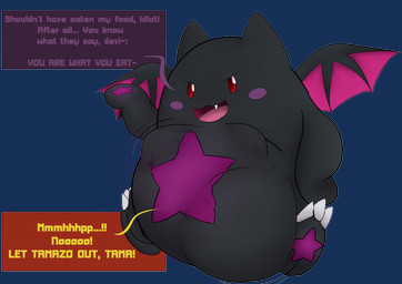 ambiguous_gender ambiguous_pred back_wings belly belly_markings big_belly biped black_arms black_body black_ears black_eyebrows black_face black_feet black_fur bloated calling_for_release cheek_spots claws dialogue ears_up eyebrows feet fully_inside fur huge_belly markings membrane_(anatomy) membranous_wings motion_lines mph! narrowed_eyes nude_ambiguous open_:3 open_mouth open_smile oral_vore pink_markings pink_membrane pink_text pointy_ears prick_ears pupils red_eyes red_sclera same_size_vore simple_background single_tooth sitting sitting_on_ground smile soft_vore solo star_(marking) struggling struggling_prey talking_to_another talking_to_pred talking_to_prey text toe_claws transparent_background unseen_prey unwilling_prey vore white_claws white_pupils wings yellow_text permhunter puzzle_&_dragons_x puzzle_and_dragons devi_(puzzle_&_dragons) devi_(puzzle_and_dragons) tamazo tamadra waddling_head 2018 absurd_res alpha_channel digital_drawing_(artwork) digital_media_(artwork) english_description english_text full-length_portrait hi_res portrait