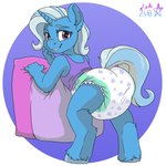 1:1 ageplay blue_body blue_hair blue_tail bottomwear clean_diaper clothed clothing diaper embarrassed equid equine female feral friendship_is_magic furgonomic_bottomwear furgonomics grabbing_pillow hair hasbro hi_res hooves horn infantilism leaning looking_at_viewer looking_back mammal my_little_pony mythological_creature mythological_equine mythology pattern_diaper pillow purple_eyes roleplay shirt smile solo standing stargal_galexi tail tank_top teeth topwear trixie_(mlp) unicorn