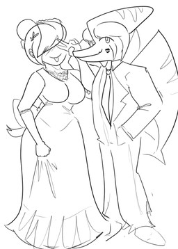 anthro armwear black_tie_(suit) blush breasts clothing crossgender dress duo elbow_gloves female ftm_crossgender gesture gloves hair hair_bun hand_gesture hand_in_pocket handwear head_crest husband husband_and_wife kiss_mark_on_face male married_couple mtf_crossgender necktie pockets short_hair suit v_sign wedding_dress wife wings arsenic_iii cavemanon_studios goodbye_volcano_high ko_op_(game_developer) snoot_game anon_(snoot_game) fang_(gvh) human mammal prehistoric_species pterosaur reptile scalie 2024 hi_res monochrome