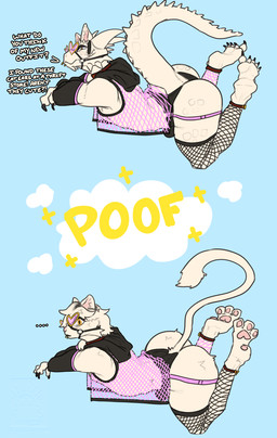 anthro armwear bulge butt clothing collar dialogue eyewear fake_cat_ears fake_ears femboy fishnet_clothing fishnet_legwear glasses halter heart_glasses legwear male onomatopoeia solo sound_effects text transformation underwear drstrangeluvve microsoft the_elder_scrolls vanilla_(scalieblender) argonian felid lion mammal pantherine scalie english_text hi_res