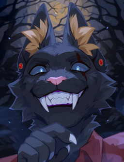 anthro big_fangs blue_eyes blue_sclera cheek_tuft claws clothed clothing facial_tuft fangs finger_claws front_view fur grey_body grey_fur grin inner_ear_fluff looking_at_viewer male night outside pink_nose plant pupils red_clothing red_topwear smile solo tan_inner_ear_fluff teeth topwear tree tuft white_claws white_pupils corzh77 felid mammal bust_portrait hi_res portrait