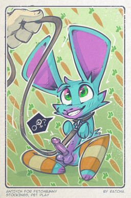 anthro bdsm clothing collar femboy fur genitals leash legwear looking_at_another male multicolored_body multicolored_fur offscreen_character penis petplay roleplay simple_background smile solo speech_bubble text thigh_highs two_tone_body two_tone_fur ratcha fetch_(fetchbunny) hare lagomorph leporid mammal english_text hi_res