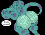 big_butt big_muscles butt horn huge_muscles hyper hyper_muscles male muscular nude smile smirk solo text remert disney monsters_inc pixar sulley monster english_text