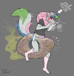 3_toes 4_fingers anthro big_diaper bite biting_lip biting_own_lip black_clothing black_shirt black_topwear blue_body blue_eyelids blue_fur blue_hair blue_tail blush blush_lines bodily_fluids breath bulge clothed clothing dialogue diaper directional_arrow erection erection_under_clothing excessive_feces eyes_closed feces feet fingers fluffy fluffy_tail fur green_body green_fur green_hair green_tail grey_body grey_fur grey_tail hair heart_symbol huge_diaper hyper hyper_diaper hyper_feces hyper_soiling imminent_orgasm male mane on_one_leg onomatopoeia pantsless pink_body pink_feet pink_fur pink_hair pink_mane pink_nose pink_tail pooping raised_tail self_bite shaking shirt smelly soiled soiled_diaper soiling soiling_diaper solo sound_effects stained_diaper standing stink_fumes tail tail_motion tailwag tears tears_of_pleasure text toes topwear unclean_diaper used_diaper using_diaper poofbuttrocky rocky_(poofbuttrocky) canid canine canis mammal wolf english_text hi_res signature