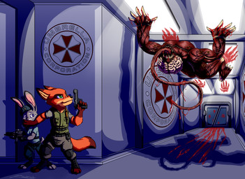3_toes 4_fingers anthro bad_trigger_discipline blood blood_on_tongue blood_puddle bodily_fluids claws clothed clothed_anthro clothed_female clothed_male clothing dipstick_ears dipstick_tail ear_markings feet female female_anthro fingers footwear fully_clothed fully_clothed_anthro fully_clothed_female fully_clothed_male fur gloves_(marking) green_eyes grey_body grey_fur group gun handgun hat headgear headwear holding_gun holding_handgun holding_object holding_pistol holding_ranged_weapon holding_submachine_gun holding_weapon inner_ear_fluff inside male male_anthro markings mp5 multicolored_body multicolored_ears multicolored_fur pistol police police_hat police_officer police_uniform purple_eyes ranged_weapon size_difference smile submachine_gun tail tail_markings text toe_claws toeless_footwear toes topwear trio tuft two_tone_body two_tone_fur uniform weapon zooshi capcom disney resident_evil umbrella_corporation zootopia chris_redfield jill_valentine judy_hopps nick_wilde canid canine european_rabbit flesh_creature fox lagomorph leporid licker_(resident_evil) mammal monster oryctolagus rabbit red_fox true_fox absurd_res crossover digital_media_(artwork) english_text hi_res