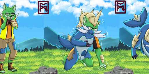 anthro anthro_to_feral balls blue_body blue_fur clothing clothing_loss eyewear feral fur genitals glasses green_body green_fur male mid_transformation outside penis pokemon_transformation species_transformation three_frame_sequence torn_clothing transformation transformation_sequence yellow_eyes furminko27 nintendo pokemon canid canine fox generation_5_pokemon mammal pokemon_(species) samurott 3:1 absurd_res hi_res