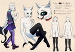 ambiguous_gender anthro blue_eyes boots bottomwear clothing collar femboy footwear legwear male shoes skirt solo text thigh_highs topwear vest monoxromatik domestic_cat felid feline felis mammal english_text hi_res model_sheet