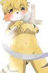 5_fingers anthro black_eyes blonde_hair blush embarrassed fingers fur hair half-closed_eyes inside male narrowed_eyes navel nude_male sad solo stripes tail wet wet_body yellow_body yellow_fur young young_anthro young_male kemoizumi shima_shima_tora_no_shimajirou tommy_(shima_shima_tora_no_shimajirou) felid mammal pantherine tiger hi_res