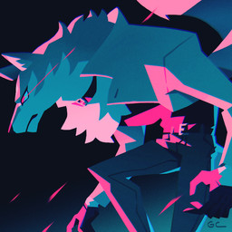anthro belt biped bottomwear clothed clothing collar countershade_face countershade_fur countershading fur gloves gradient_background handwear male serious_face simple_background solo topwear tuft_ears genicecream brand_new_animal studio_trigger shirou_ogami canid canine canis mammal wolf 1:1 signature