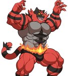 abs anthro barazoku biceps big_muscles bulge clothed clothing fur male muscular muscular_anthro muscular_male pecs raised_arms red_body red_fur simple_background smile solo tail teeth topless underwear underwear_only yellow_sclera darknaigart nintendo pokemon felid generation_7_pokemon incineroar mammal pokemon_(species) absurd_res digital_media_(artwork) hi_res