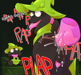 anal anthro backsack balls black_body black_fur blush blush_lines bodily_fluids butt clothing dialogue dripping duo eyewear fur genital_fluids genitals glasses hat headgear headwear looking_up male onomatopoeia penis plap plushie precum precum_drip precum_on_penis precum_squirt precum_string raised_tail robe robe_lift scarf sound_effects tail text wizard_hat catjamn deltarune undertale_(series) ralsei susie_(deltarune) 2026 english_text hi_res